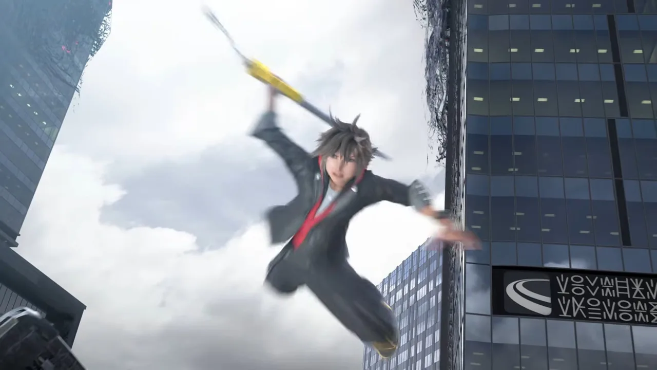 Sora saltando entre arranha-céus na cidade de Quadratum em Kingdom Hearts IV