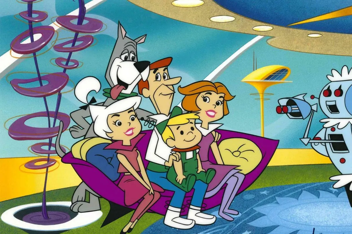 Família Jetsons sentados no sofá em uma cena de um episódio do desenho