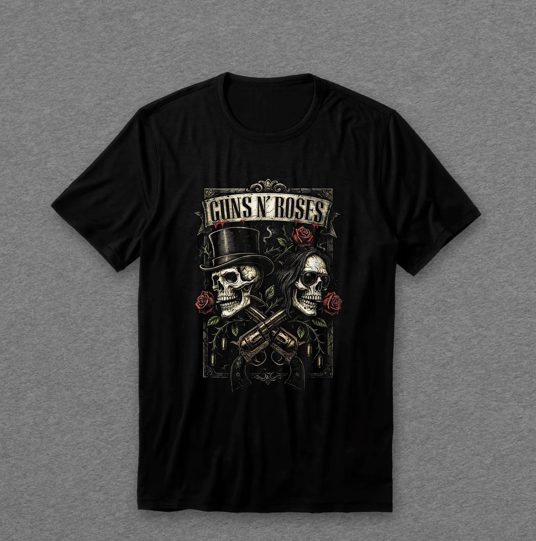 Camiseta Guns N Roses — Caveiras e Revólveres